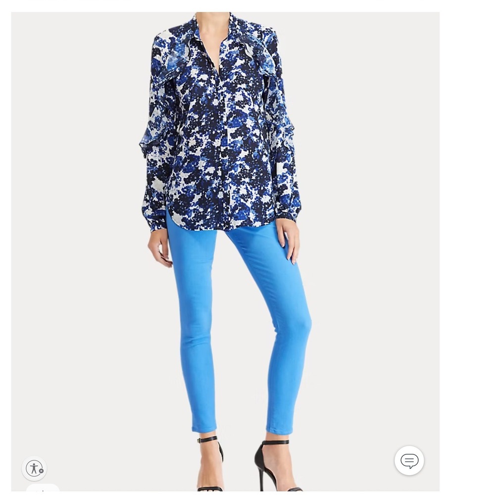 NEW Ralph Lauren Womens Georgette Ruffle Chiffon Top S Blue Floral Fall Romantic